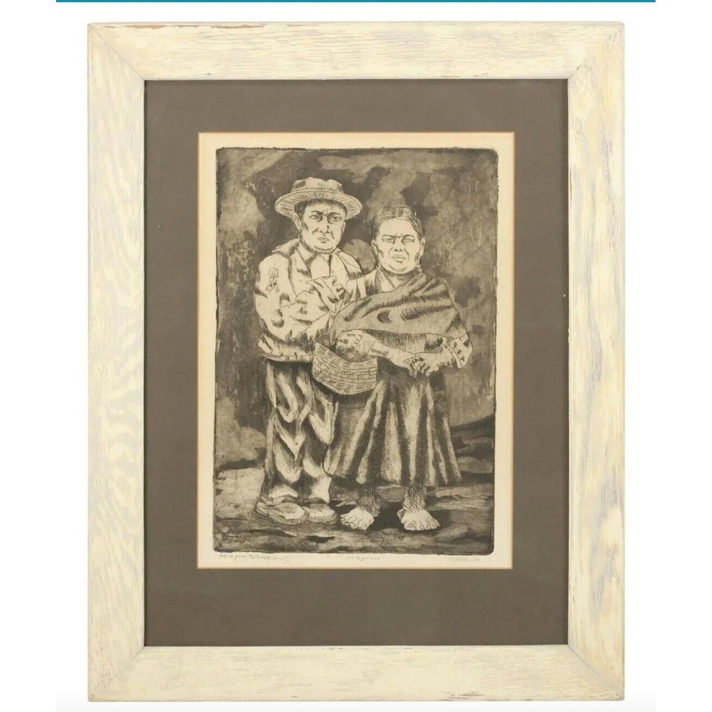 Vintage Lithograph The Pilgrims Signed CM Pionces Framed Latin American, 1960's